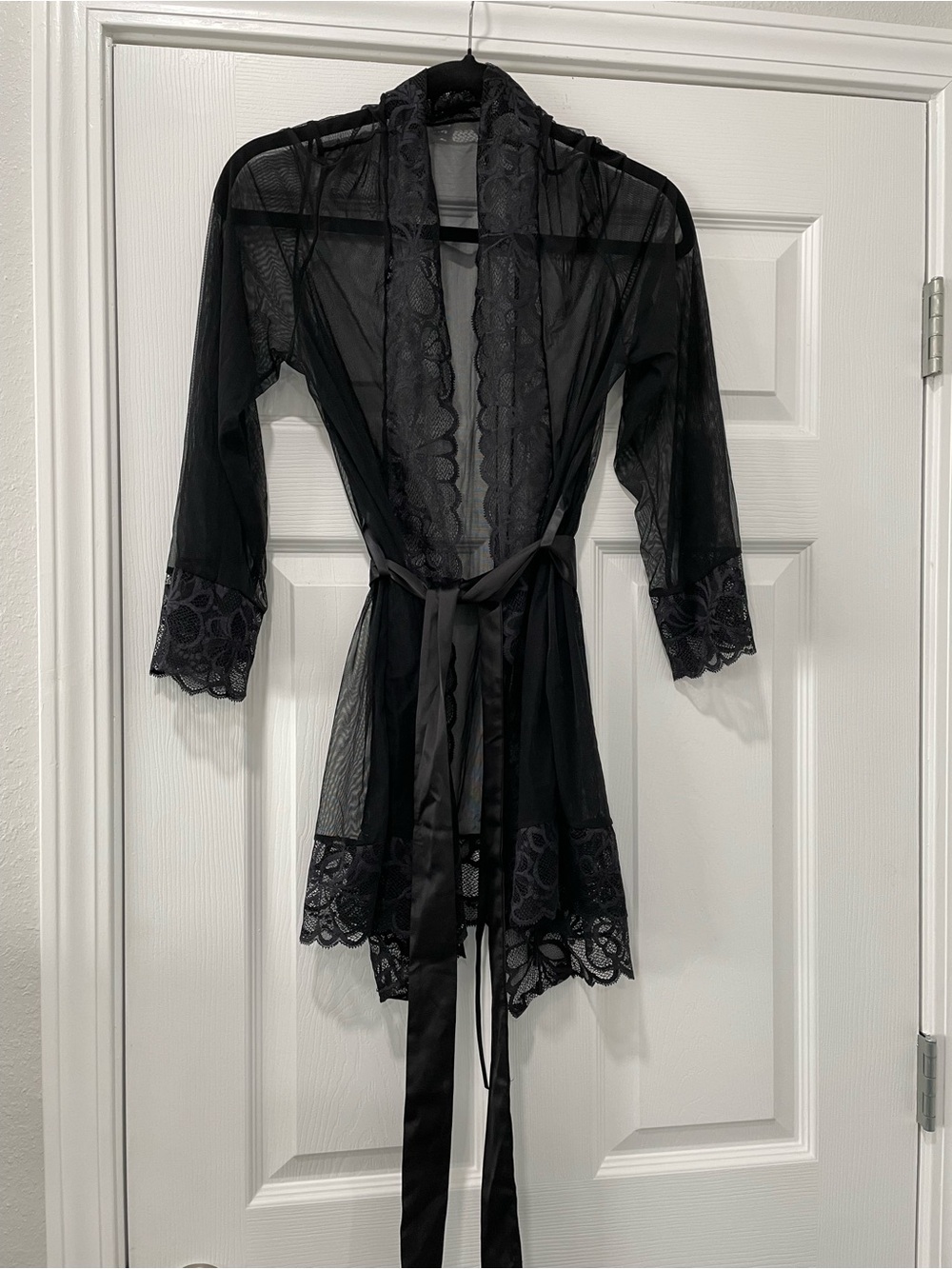 Frederick's of Hollywood Sheer Black Lace-Trim Robe